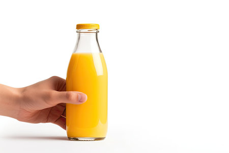Orange juice pouring from a hand holding a bottle on a white backgroundの素材