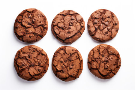 Top down view of six chocolate cookies on a white background with minimal wording from the originalの素材