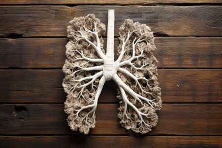 Lung cancer represented as a damaged paper organ on a wooden backgroundの素材