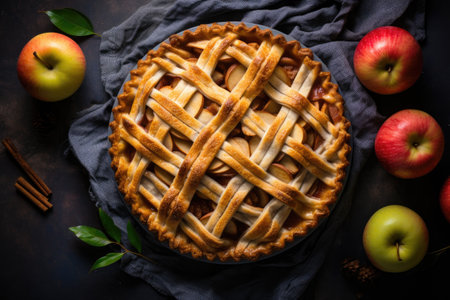 Overhead view of homemade apple pie with lattice topの素材