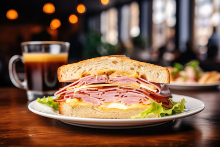 Typical breakfast in many countries ham and cheese sandwich coffee with milk orange juice on coffeeの素材