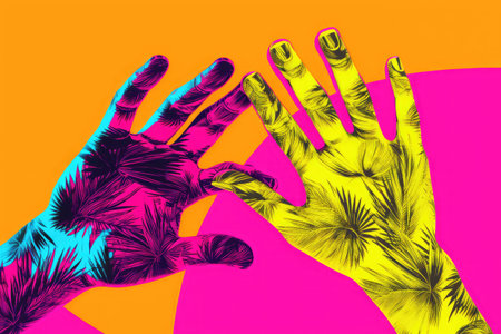 Neon bold colored hands in pop art collage style with modern psychedelic creative element Ideal forの素材