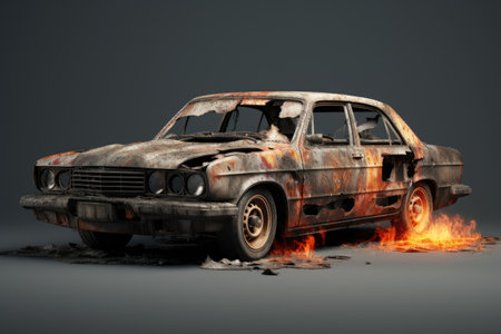 New car burned isolated on gray backgroundの素材