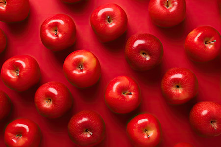 Red apples on red background top viewの素材