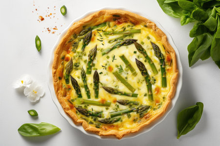Top view of a tasty asparagus mozzarella and spinach pie on a light background ideal for snacking orの素材