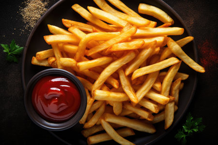 Top view of dark table with French fries and ketchupの素材