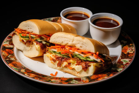 Two meat and cheese sandwiches with veggies served with dipping sauceの素材