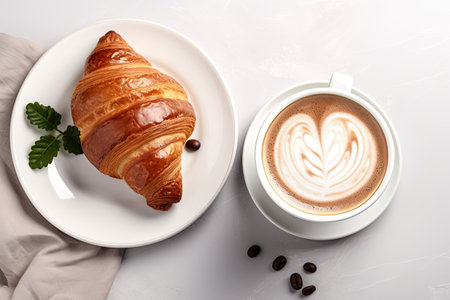 White background top view of a croissant and hot chocolateの素材