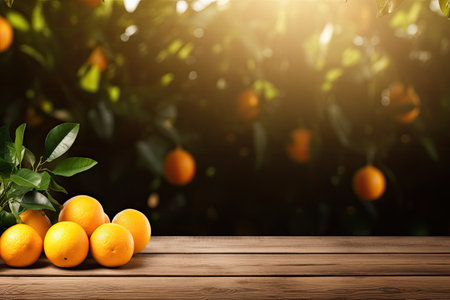 Wooden table with decorations and orange trees in sunlightの素材