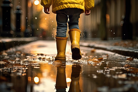 A child in bright boots splashes in a puddleの素材