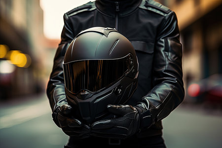 A man approaches his motorcycle with a helmet in handの素材