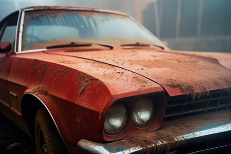 Abandoned parking lot vehicles with dusty windshield wipers nobody aroundの素材
