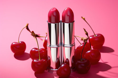 Advertising photo featuring cute lipsticks with cherry red color against a pink background adorned wの素材