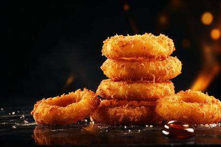 American fast food concept with onion rings on a dark table suitable for a banner menu recipe or texの素材