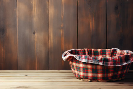 Basket empty tablecloth checked wooden table grunge backgroundの素材