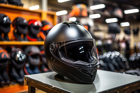 Biker gear at contemporary store Motorcycle accessories Helmets on wooden backdrop Sharp focusの素材