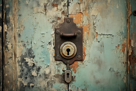 Antique picture of keyhole and handle on worn doorの素材