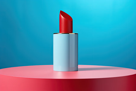 Blue background with lipstick on podiumの素材