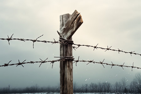Barbed wire on a wooden post under a pale sky Fenceの素材