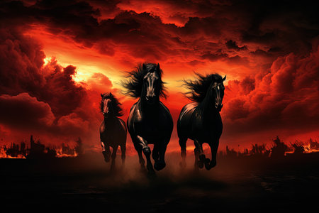 Apocalyptic scene black horses running amidst red cloudsの素材