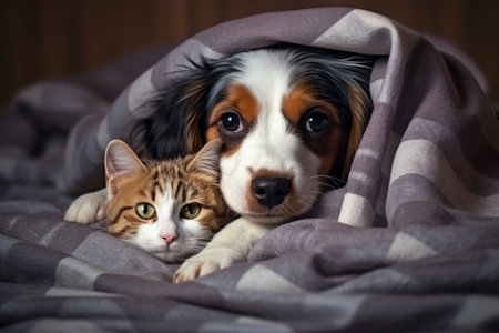 Canine and feline companions hug at homeの素材