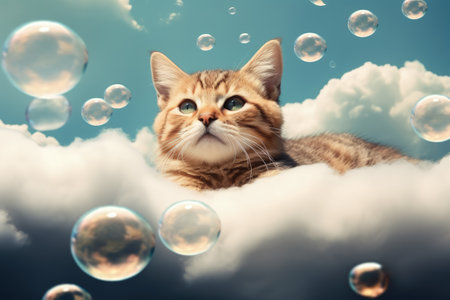 Cat themed surrealistic contemporary art collage featuring a cute cat on fluffy clouds accompanied bの素材