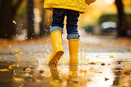 Child wearing yellow rubber boots jumps in a post rain puddle surrounded by street umbrellasの素材