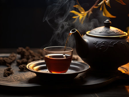 Brewing tea tea ceremony a cup of black tea warm light darker backgroundの素材