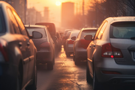 City air pollution caused by car exhaust during cold weatherの素材
