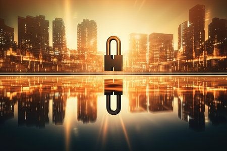 Cityscape with shiny keyhole on illuminated backdrop embodying accessibility ideologyの素材