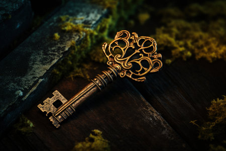 Close up of an aged key in its lockの素材