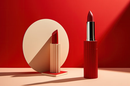 Cosmetics on podium with paper craft and bold shadow creative concept imageの素材