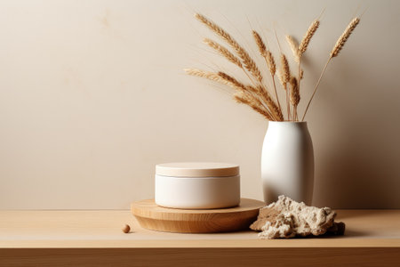 Cosmetic products displayed on a wooden podium with dried flowers in a white jarの素材