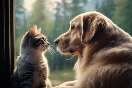 Dog and cat gazing outside together strong friendshipの素材
