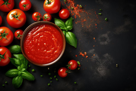 Delicious tomato sauce made with fresh ripe tomatoes and basil showcased on a stone or slate backgroの素材
