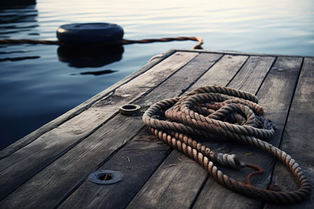 Dark water below boat rope tied to cleat on wooden dockの素材