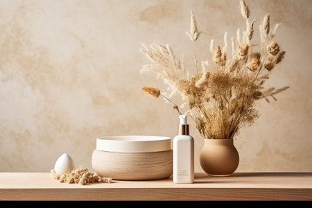 Cosmetic products in a white jar accompanied by a wooden podium and dried flowerの素材