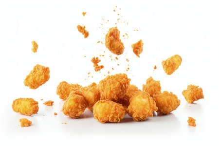 Falling popcorn chicken isolated on whiteの素材