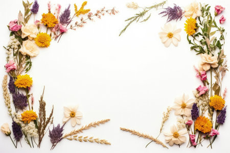 Dried flowers creating a frame on a white background Overhead perspectiveの素材