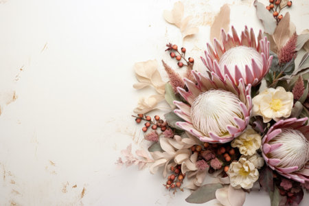 Stunning flat lay floral arrangement with dried pink King Proteas and thryptomene flowers on a whiteの素材