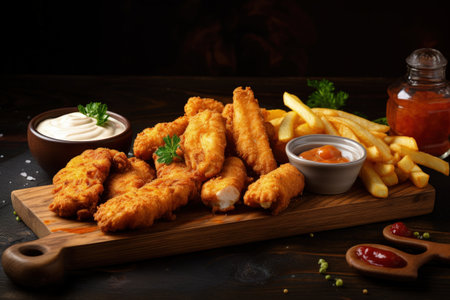 Fast food items including mozzarella sticks onion rings fries nuggets and sauce on a wooden board wiの素材