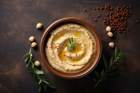 Flat lay view of ceramic bowl filled with hummus and olive oil on a textured brown backgroundの素材