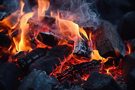 Flickering burning coals at night red and black abstract background Heat texture of fireplace embersの素材