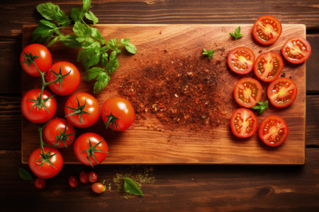 Fresh spices and tomatoes on a new wooden cutting boardの素材