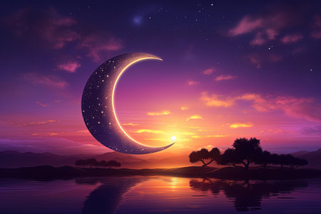 Gorgeous sunset enhances crescent moon during Ramadanの素材