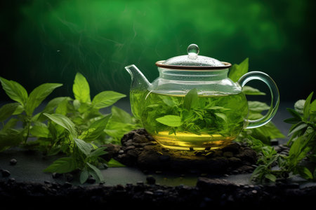 Fresh green tea teapot with aromatic qualities depicted with rising green leavesの素材