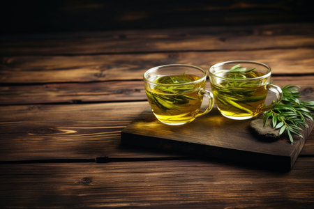 Green tea cups on wooden tableの素材