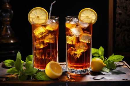 Iced tea with lemon and ice in tall glasses the traditional wayの素材