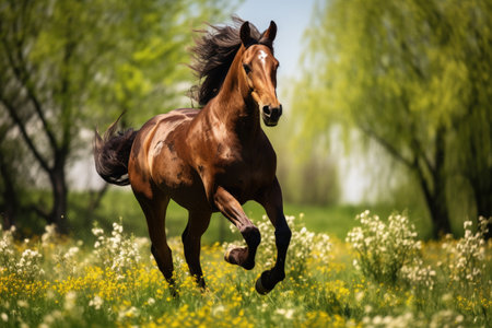 Gorgeous horse rising in lush fieldの素材