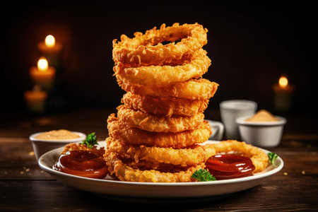 Homemade crispy onion rings served on a plateの素材